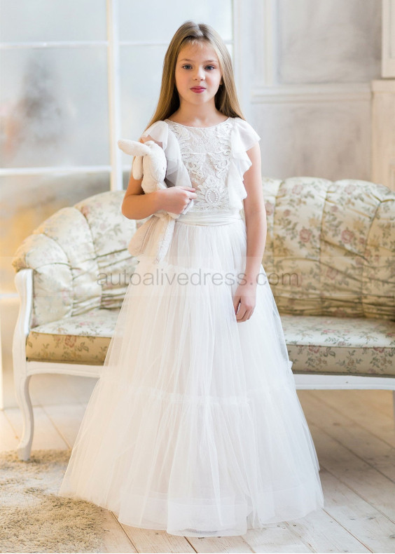 Ivory Lace Tulle Floor Length V Back Boho Flower Girl Dress
